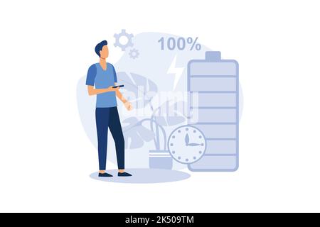 Users and battery performance and longevity with charge indicator and time. Battery runtime, extend runtime technology, long battery life concept. Stock Vector