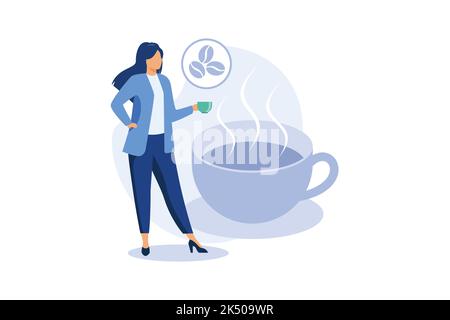 People at coffee break flat vector illustration. Tiny man and women relaxing, talking and drinking coffee. Communication and office experience concept Stock Vector