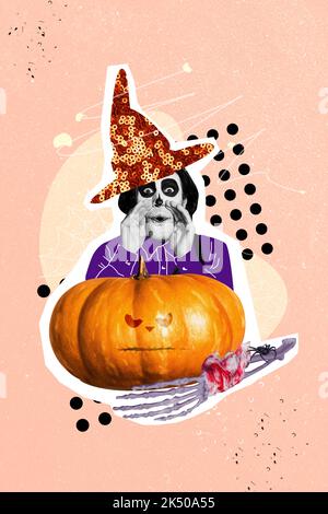 Vertical composite collage image of horrifying person black white gamma whisper talk wear sorcerer hat pumpkin hand skeleton Stock Photo