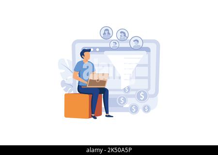 Sales funnel concept. flat people work on customer acquisition. Customers make a profit, money. Trendy flat vector style illustration on white backgro Stock Vector