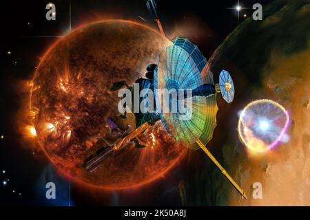 Spaceship near a distant star in another galaxy. Space exploration concept. Elements of this image furnished by NASA. Stock Photo