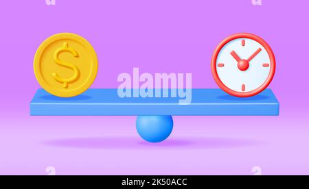 3D Clock and Money on Balance Scales Isolated Stock Vector