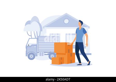 Moving house service illustration exclusive design inspiration. Moving with various boxes to new home. Stock Vector