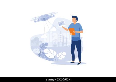 Aerial photography, Aerial videography, Autonomus delivery. Drone service abstract concept vector illustrations. Stock Vector