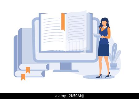 Illustration on e-book theme. Cute people study and read books on phones, laptops, computers and tablets. Flat Vector can be used by libraries, apps, Stock Vector