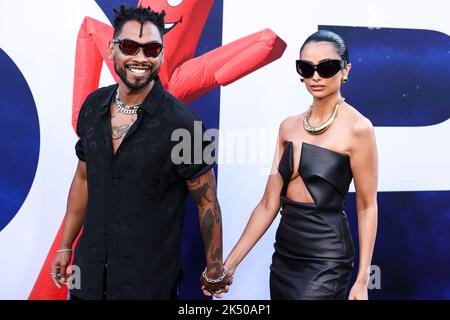 (FILE) Singer Miguel's Wife Nazanin Mandi Files For Divorce After Almost 4 Years Of Marriage. In court documents obtained by PEOPLE on Tuesday, October 4, 2022 Mandi, 36, filed for divorce from Miguel, also 36, in the Superior Court of California in Los Angeles County. HOLLYWOOD, LOS ANGELES, CALIFORNIA, USA - JULY 18: American singer Miguel (Miguel Jontel Pimentel) and wife/American actress Nazanin Mandi (Nazanin Aliza Mandighomi Pimentel) arrive at the World Premiere Of Universal Pictures' 'Nope' held at the TCL Chinese Theatre IMAX on July 18, 2022 in Hollywood, Los Angeles, California, Uni Stock Photo