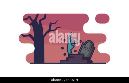 Hand Rise up from the gravestone cartoon. Halloween night vector Illustration isolated on a white background. Stock Vector