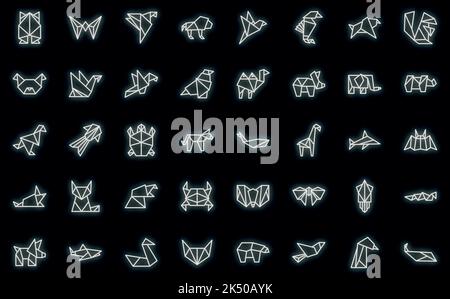 Origami animals icons set outline vector. Paper fish. Polygon crab vector neon Stock Vector