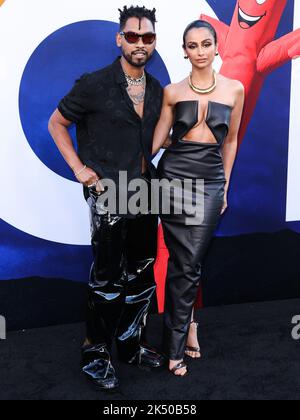 (FILE) Singer Miguel's Wife Nazanin Mandi Files For Divorce After Almost 4 Years Of Marriage. In court documents obtained by PEOPLE on Tuesday, October 4, 2022 Mandi, 36, filed for divorce from Miguel, also 36, in the Superior Court of California in Los Angeles County. HOLLYWOOD, LOS ANGELES, CALIFORNIA, USA - JULY 18: American singer Miguel (Miguel Jontel Pimentel) and wife/American actress Nazanin Mandi (Nazanin Aliza Mandighomi Pimentel) arrive at the World Premiere Of Universal Pictures' 'Nope' held at the TCL Chinese Theatre IMAX on July 18, 2022 in Hollywood, Los Angeles, California, Uni Stock Photo