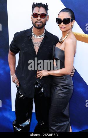 (FILE) Singer Miguel's Wife Nazanin Mandi Files For Divorce After Almost 4 Years Of Marriage. In court documents obtained by PEOPLE on Tuesday, October 4, 2022 Mandi, 36, filed for divorce from Miguel, also 36, in the Superior Court of California in Los Angeles County. HOLLYWOOD, LOS ANGELES, CALIFORNIA, USA - JULY 18: American singer Miguel (Miguel Jontel Pimentel) and wife/American actress Nazanin Mandi (Nazanin Aliza Mandighomi Pimentel) arrive at the World Premiere Of Universal Pictures' 'Nope' held at the TCL Chinese Theatre IMAX on July 18, 2022 in Hollywood, Los Angeles, California, Uni Stock Photo