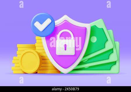 3D Money Cash with Padlock in Shield Stock Vector