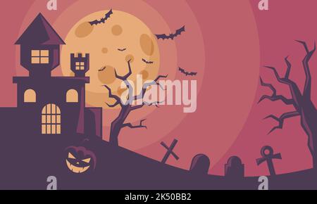 The Witch Castle, Haunted House. Flat Design Vector Illustration. Halloween night Illustration. Stock Vector