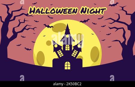 Silhouette of Haunted House with the Moon. Halloween night Vector Illustration. Stock Vector