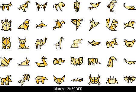 Origami animals icons set outline vector. Paper fish. Polygon crab thin line color flat on white Stock Vector
