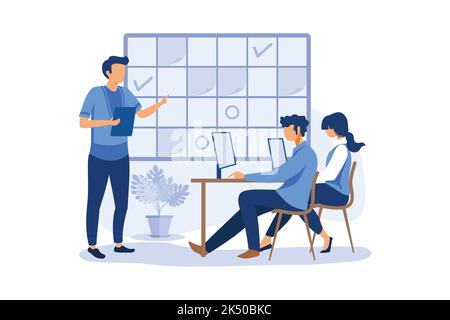fill in the calendar table, mark important dates and tasks, team thinking and brainstorming, analytics of information about the company flat modern de Stock Vector