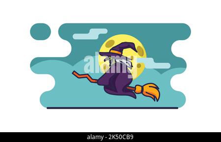 The Flying Witch cartoon. Halloween night vector Illustration Isolated on a white background. Stock Vector