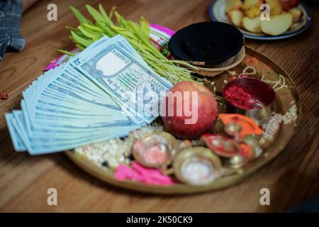 Nepal. 5th Oct, 2022. A special Tika and Jamara plate prepared for the auspicious occasion of Bijaya Dashami on Wednesday. (Credit Image: © Amit Machamasi/ZUMA Press Wire) Stock Photo