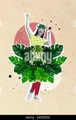 Composite collage picture image of excited energetic young woman dancing tropical exotic leaves costume party travel adventure jungle Stock Photo