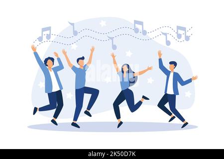 group of people dancing and having fun to the music vector flat modern design illustration Stock Vector