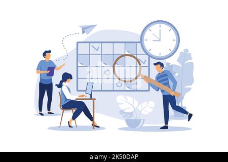 whiteboard with schedule plans, work planning, daily routine, people filling out the schedule in the table vector flat modern design illustration Stock Vector