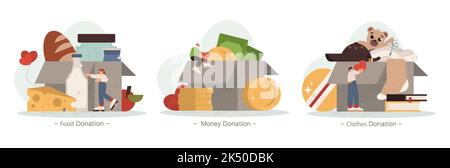 Flat tiny people collect food donation, clothes, money and child toys for charity or humanitarian aid. Volunteers donate products in cardboard boxes. Characters help to poor, homeless or kids. Stock Vector