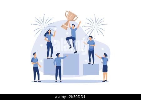 people stand on the podium first, second and third place. best score winner prize vector flat modern design illustration Stock Vector