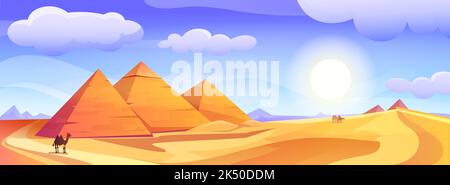 Egyptian landscape with egyptian pharaohs pyramids vector cartoon illustration. African desert with ancient tombs, bedouin camels and yellow sand dunes. Ancient complex with hot sun and clouds in sky. Stock Vector