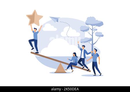 groups of people on a swing and outweighs them to get a star from the sky, achieving success vector flat modern design illustration Stock Vector