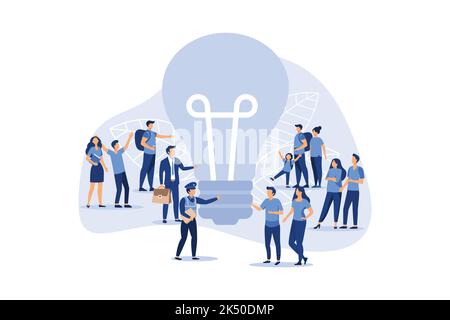 business meeting and brainstorming, business concept for teamwork, search for new solutions, small people look at the big light bulb in search of idea Stock Vector