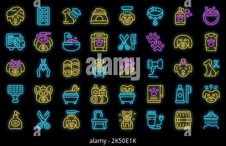 Dogs spa icons set outline vector. Shower grooming. Animal spa vector neon Stock Vector