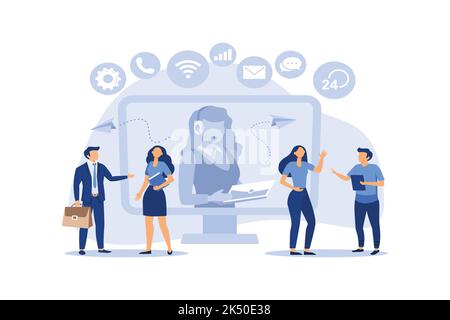 customer service, male hotline operator advises client, online global technical support 24-7 customer and operator vector flat modern design illustrat Stock Vector