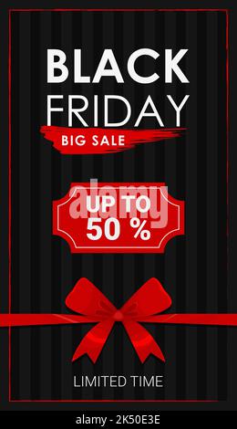 text Black friday Big Sale up to 50 themed banner with a picture of a bow Stock Vector