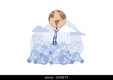 Man saves the planet from pollution by standing on a pile of garbage and holding the planet in his hands, save the planet, Earth Day concept vector fl Stock Vector