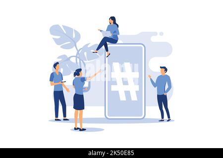 phone with hashtag sign, people and social networks vector flat modern design illustration Stock Vector