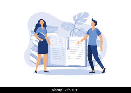 teaching young people to get knowledge from books, people running up the stairs to the book to knowledge, students composition vector flat modern desi Stock Vector