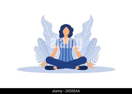 the concept of meditation, the health benefits for the body, mind and emotions, the girl sits in the lotus position, the thought process, the inceptio Stock Vector