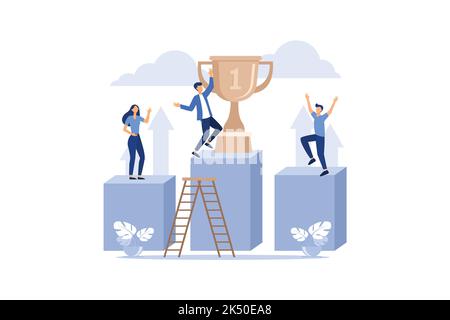 Vector illustration of business, leadership qualities in a creative team, direction on a successful path, small people are happy to have a winner, suc Stock Vector