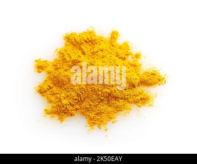 Heap of dry turmeric (curcuma) powder isolated on white background Stock Photo
