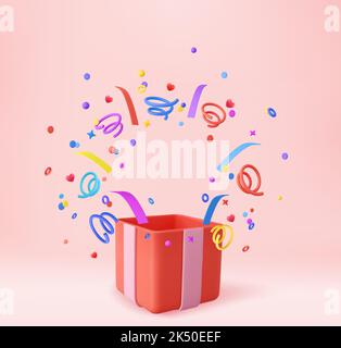 3d Cute Surprise Gift Box With Falling Confetti Stock Vector
