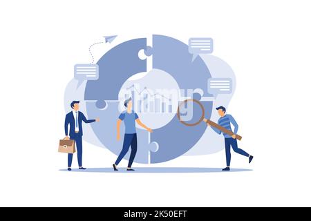 Business teamwork with pieces of puzzle in office. Connecting with puzzle elements vector flat modern design illustration Stock Vector