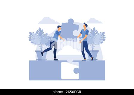 Two businessmen connecting puzzle elements. Vector illustration flat style design. Combining two pieces. Symbol of working together, cooperation, part Stock Vector