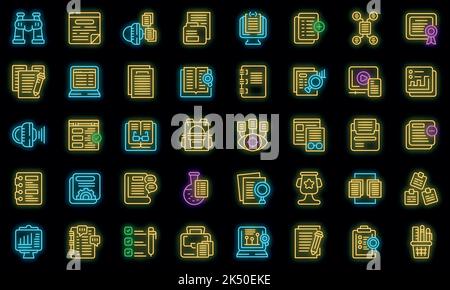Case study icons set outline vector. Proposal platform. Study analysis vector neon Stock Vector