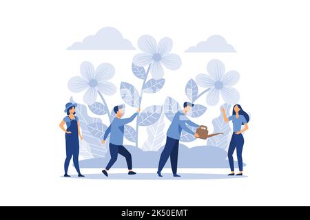 spring flowers on white background, gardeners look after the garden, growing and studying plants in nature, clean ecology flat vector illustration Stock Vector