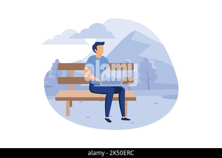 Handsome man is working at his laptop. Modern office interior with work process icons on the background. Vector illustration. Stock Vector