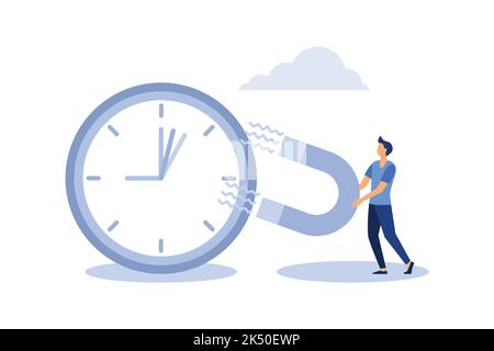Time management, control business time or work deadline concept, smart businessman using magnet to stop clock hand metaphor of time manipulation. flat Stock Vector