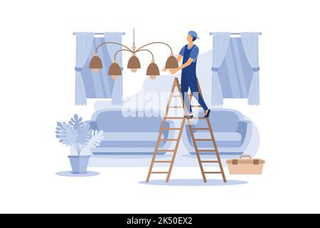 Master Household Works Hangs Chandelier at Home. Worker in Overalls Re-establishes Connection Wiring to Lighting Guest Room. He Happily Performs Freed Stock Vector