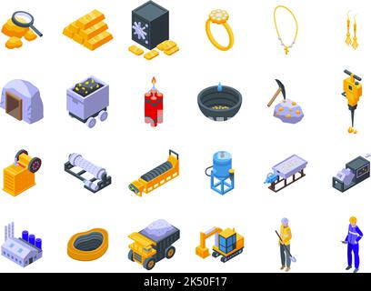 Gold mining icons set isometric vector. Golden mine. Miner coal Stock Vector