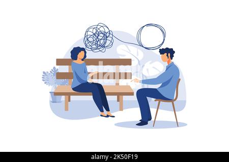 Psychotherapy concept. Psychologist and patient with tangled and untangled mind metaphor, doctor solving psychological problems, couch consultation, m Stock Vector