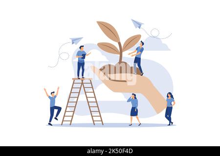 small people prepare for the holiday, save the planet from pollution, World Environment Day, Bio technology, in the big hand the earth with a plant fl Stock Vector