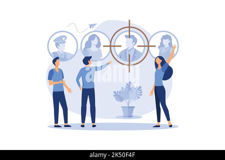 employee choice, business company is looking for an employee for work, flat color icons. creative illustrations, businessmen are considering a resume. Stock Vector